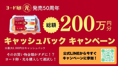 そのお買い物金額がタダになる！？日本初のブランド卵※『ヨード卵・光』が発売50周年！最大6,000円分キャッシュバックキャンペーンを6月1日より実施！